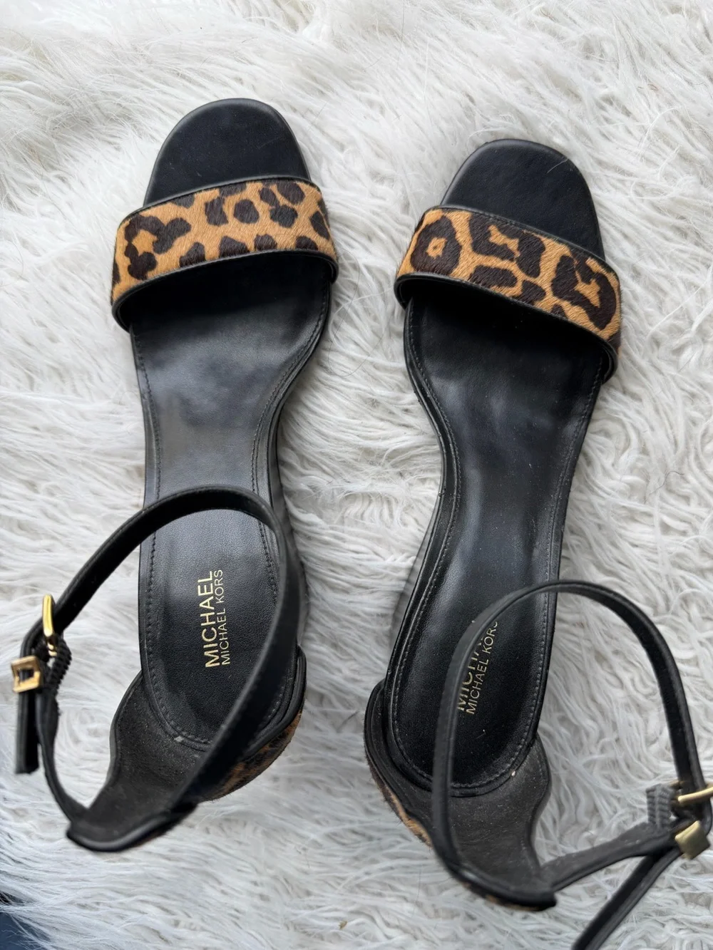 Michael Kors Leopard Calf Hair Wedge Sandals Black Gold Ankle Strap